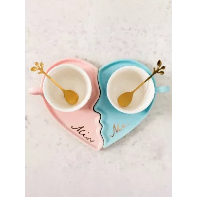 Set Romántico de Tazas y Platos con Corazón | Azul y Rosa | Regalo Ideal